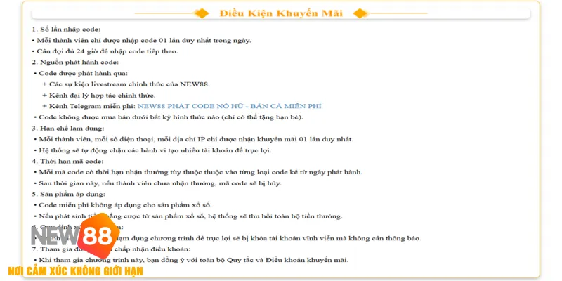 Danh sách các code khuyến mãi miễn phí năm 2025 tại NEW88